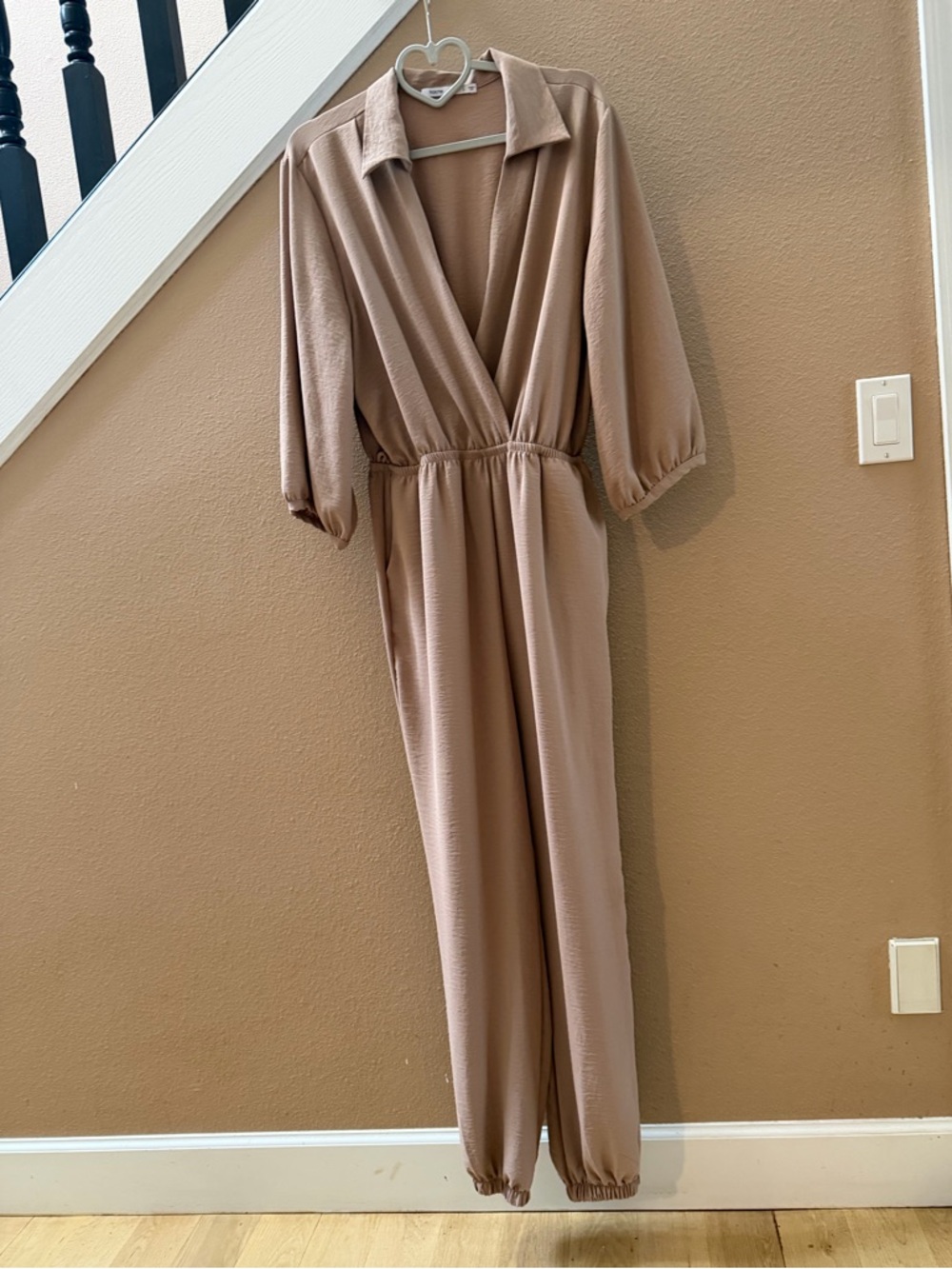 Easywear Relaxed V-Neck Taupe Jumpsuit with Elastic Waist and Cuffed Ankles